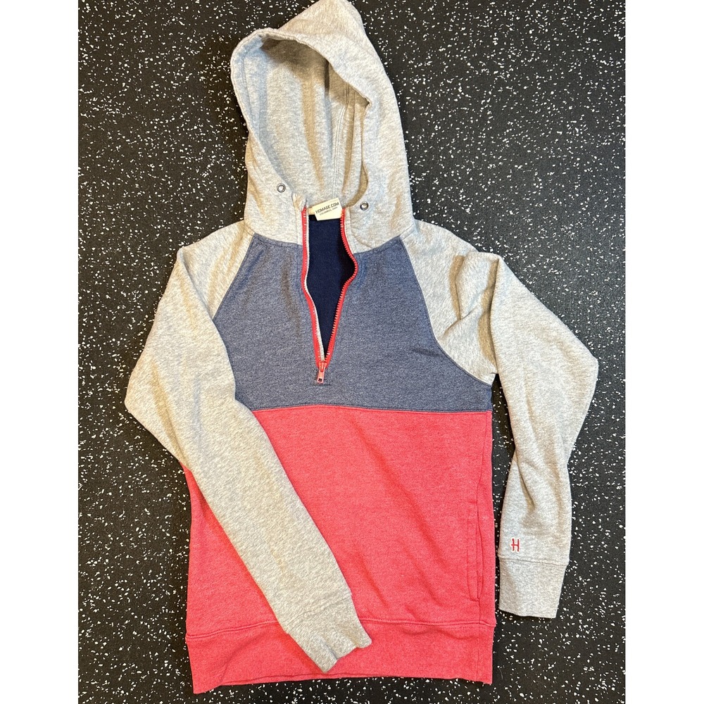 Homage Hoodie Quarterzip Pullover Sweatshirt Womens‎ XS Gray/Blue/Red